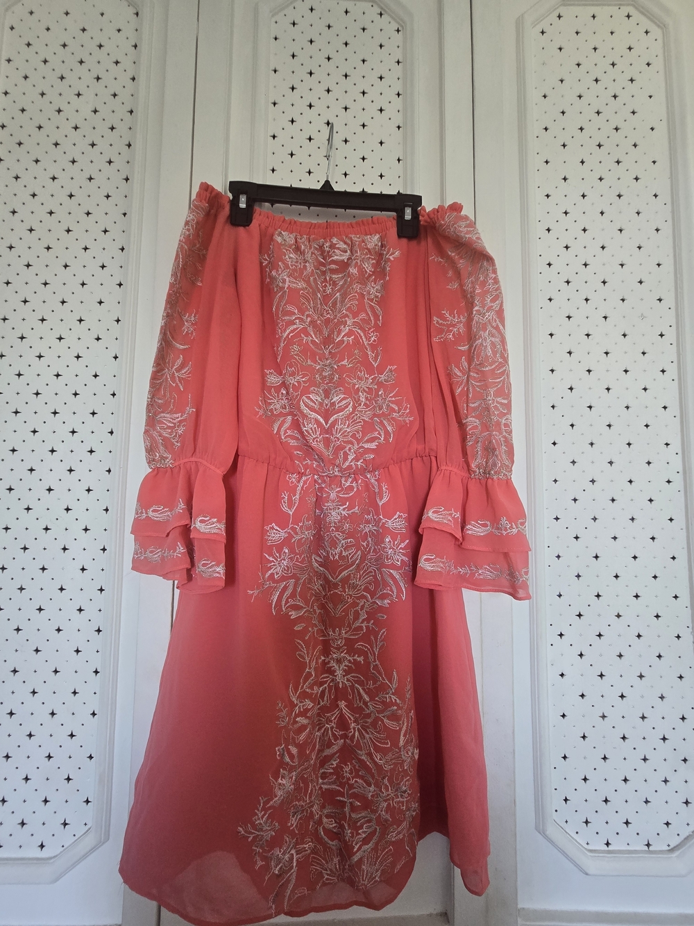 White House Black Market Coral Off-Shoulder Embroidered Midi Dress